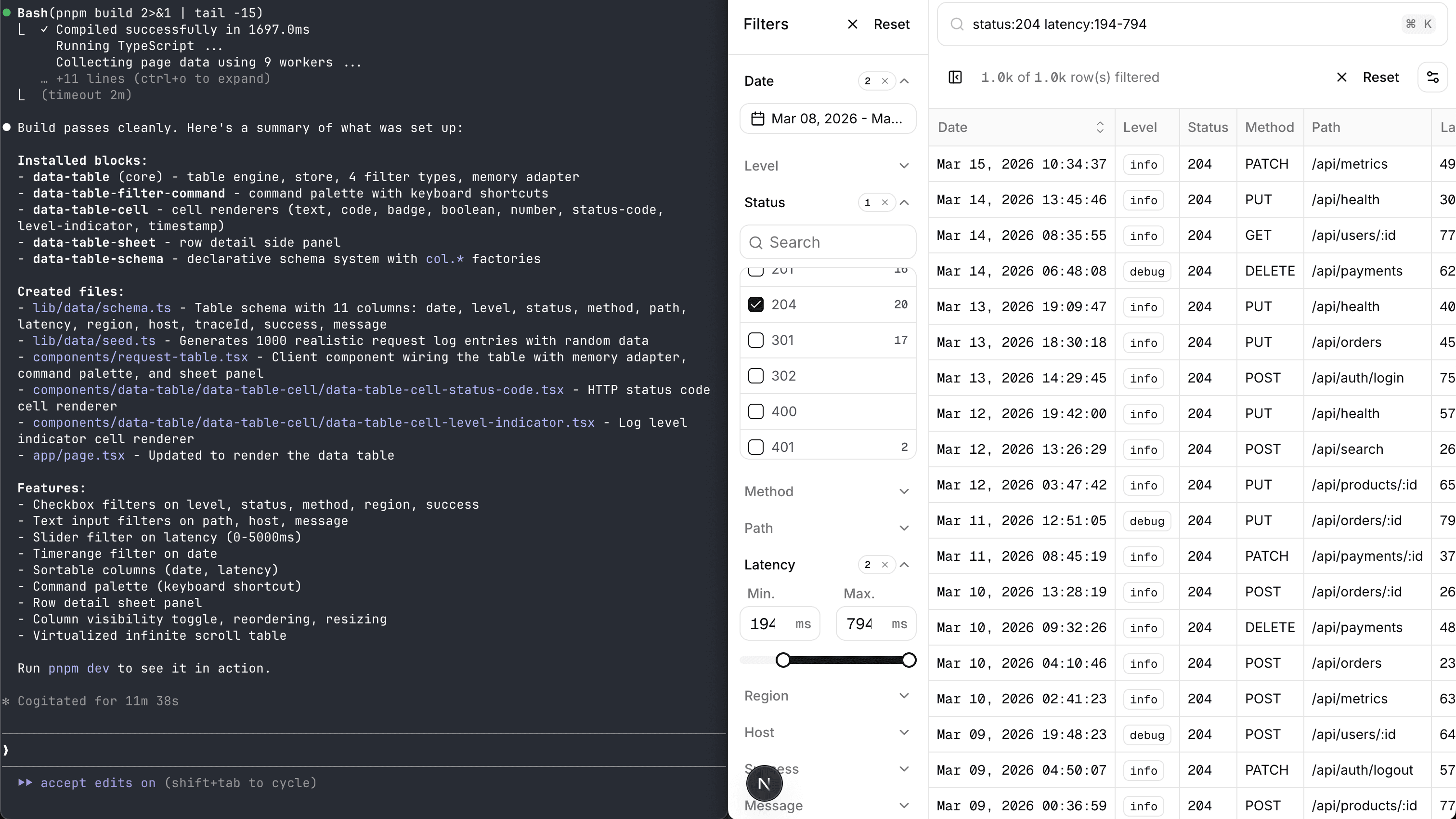 asking 'add a data-table example' - no extra guidance (after setting up the skill).